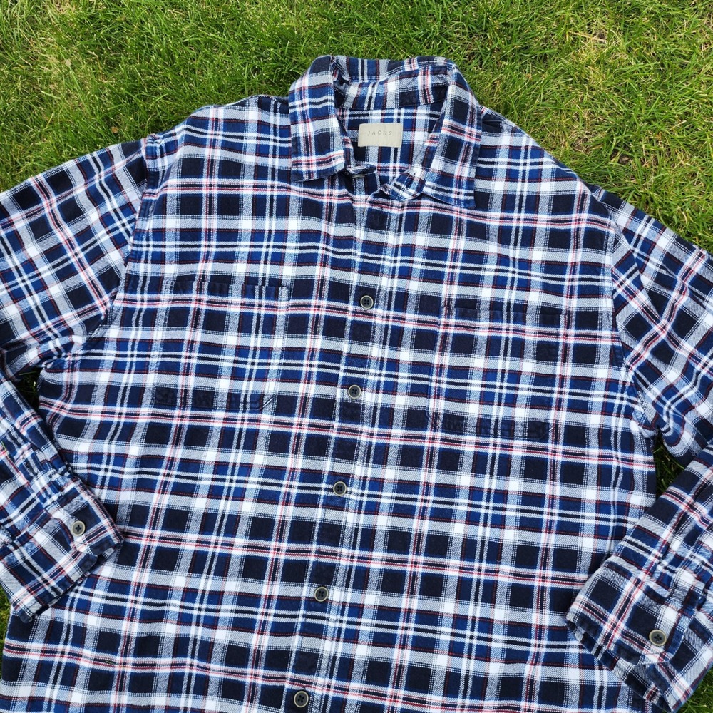 Jachs NY Flannel Shirt Mens 2XL Plaid Cotton Blue White Red Button Down 974954